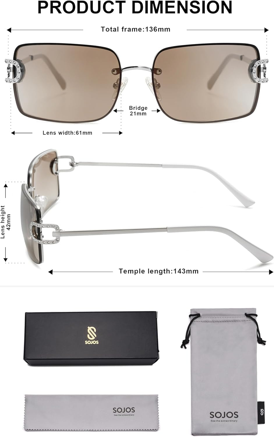 Vintage Rectangle Sunglasses for Women,Trendy Rimless 90S UV400 Womens Y2K Shades SJ1178 - WORLD TIME VISITS